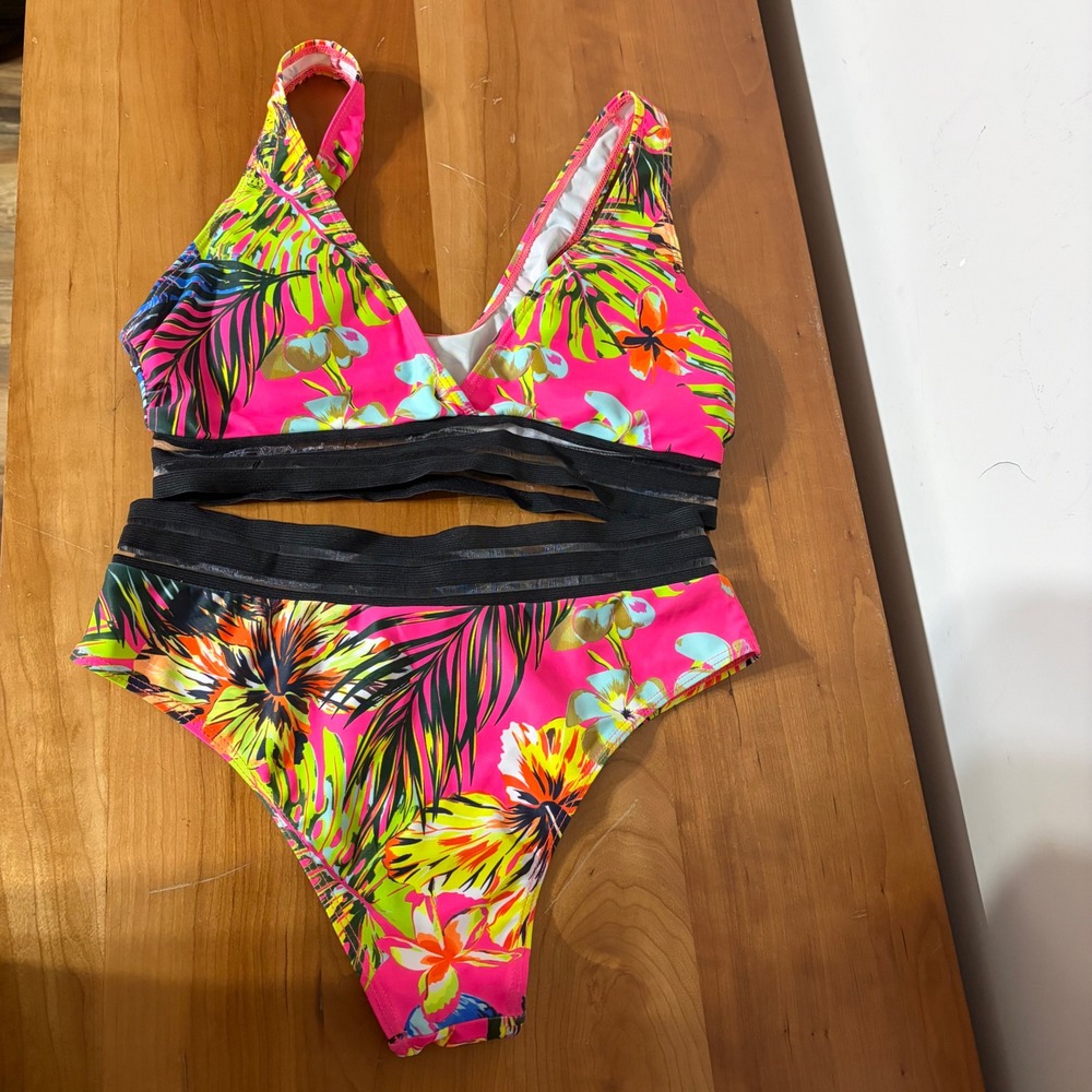 Tropical Floral High Waisted Bikini Set Pink Mesh Trim Two Piece Swimsuit Medium